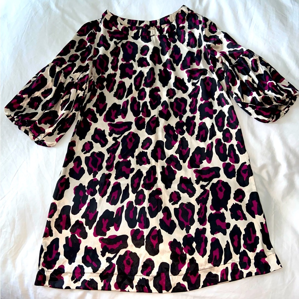 Leopard🐆 babydoll satin purple large chetah silk tunic dress 3/4 puff sleeve